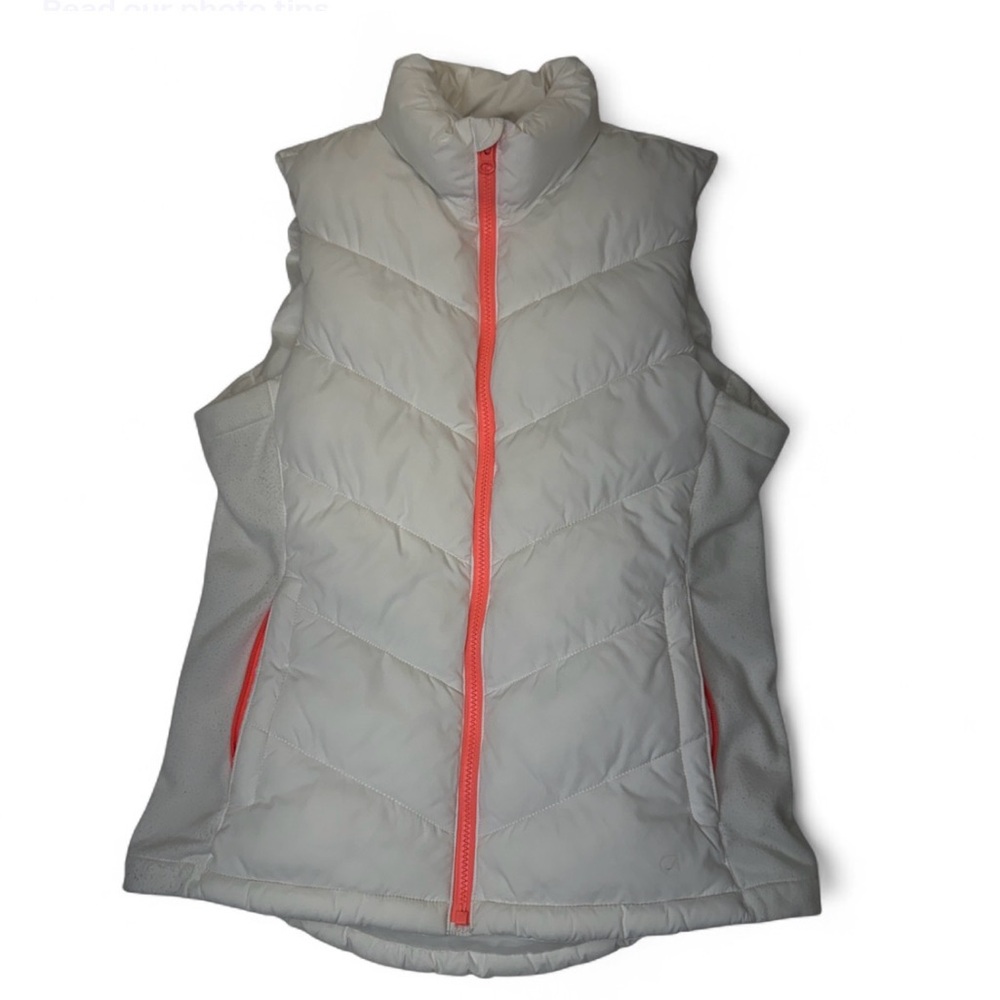 Gap White Puffer Vest, Neon Coral Pink Zippers, Medium, Winter Cozy Snow Preppy